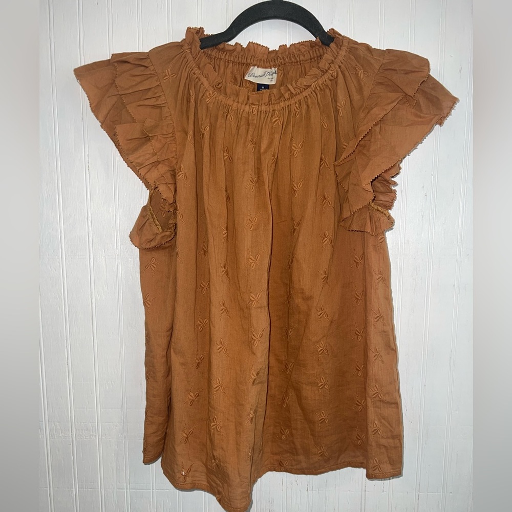 Universal Thread Rust Brown Embroidered Flutter Sleeve Blouse